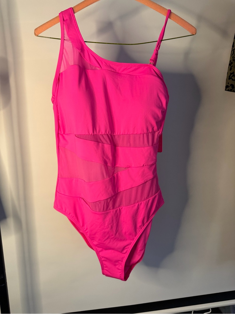 Hot Pink Asymmetric One-Shoulder Mesh Stripe One-Piece Swimsuit